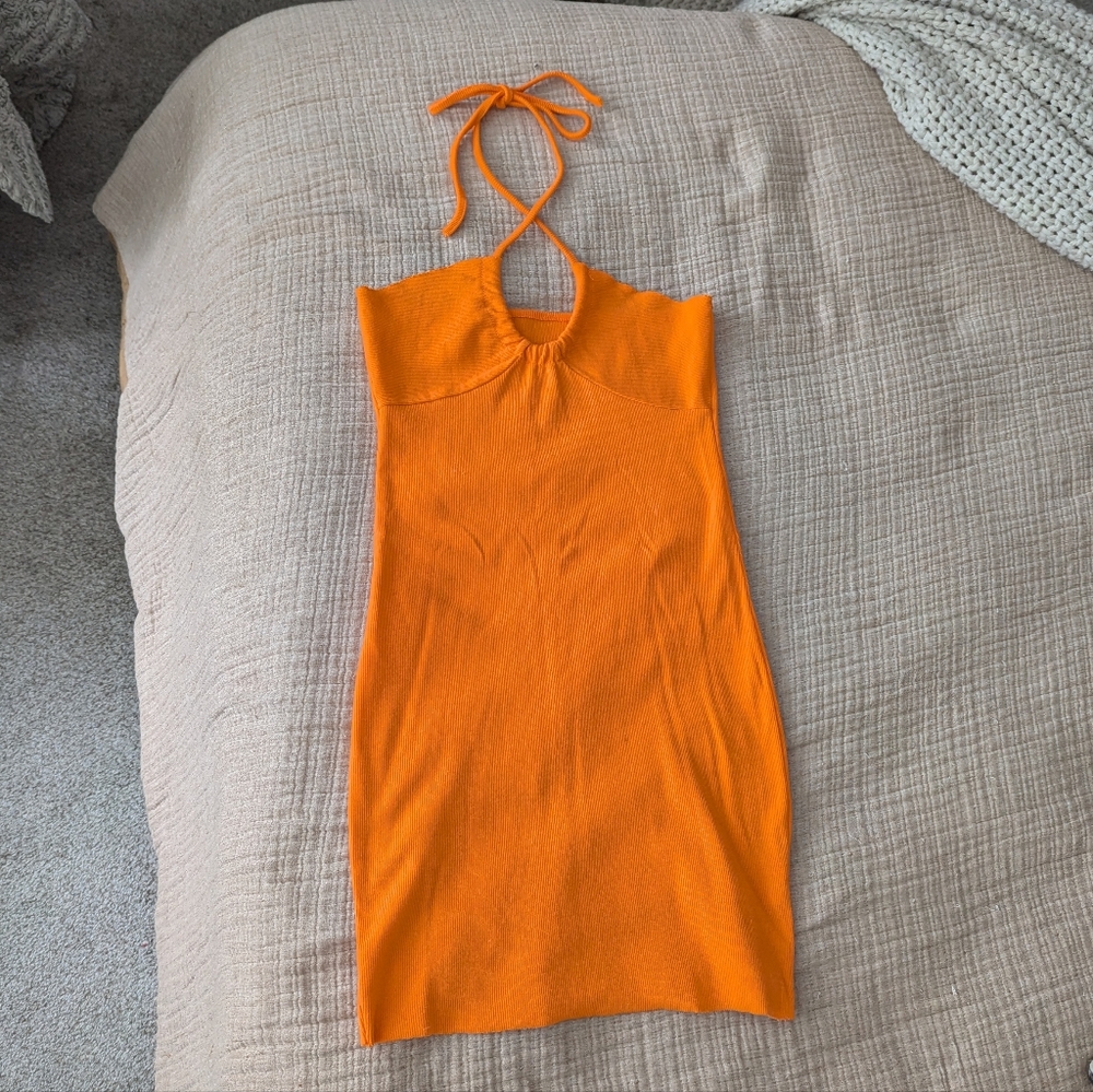 Tangerine halter bodycon mini dress